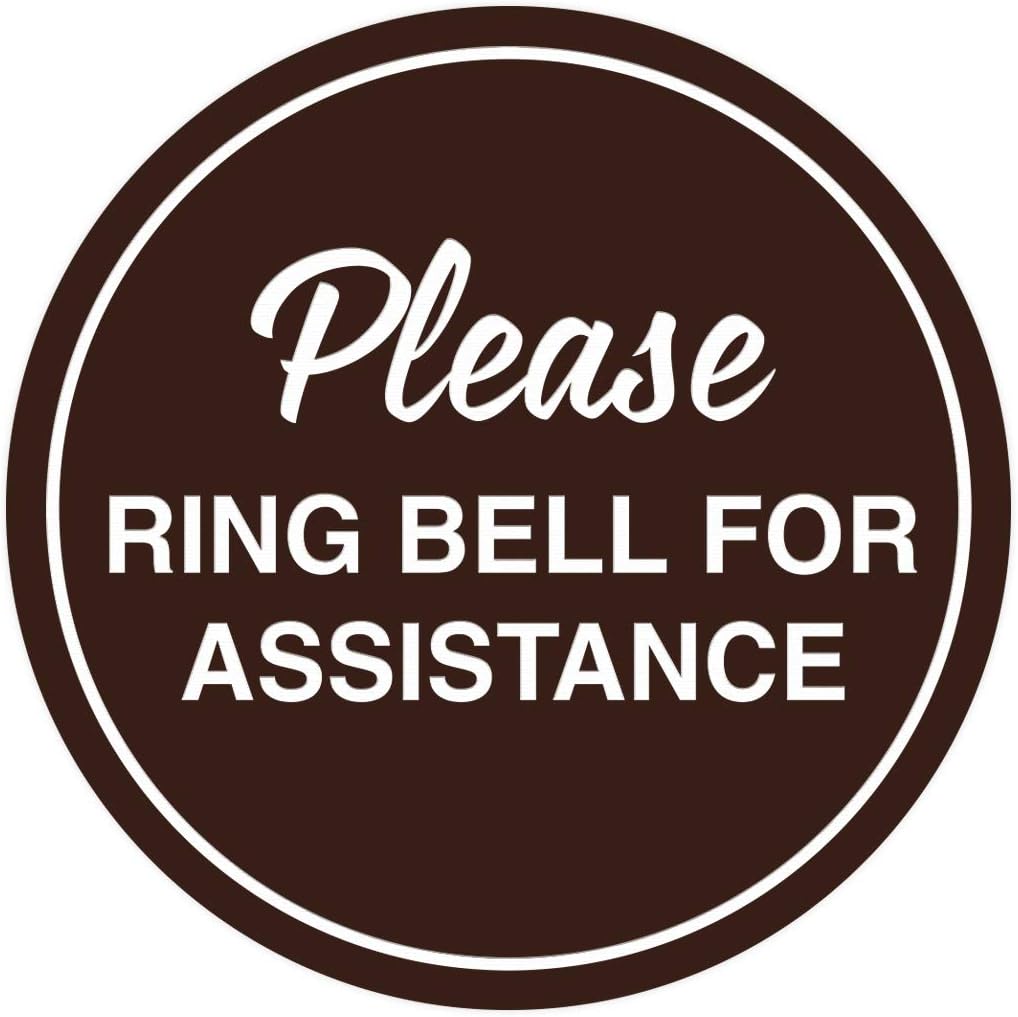 Signs ByLITA Circle Please Ring Bell For Assistance Wall or Door Sign | Easy Installation | Front Desk Reception Sign (Dark Brown) - Medium (5 Pack)