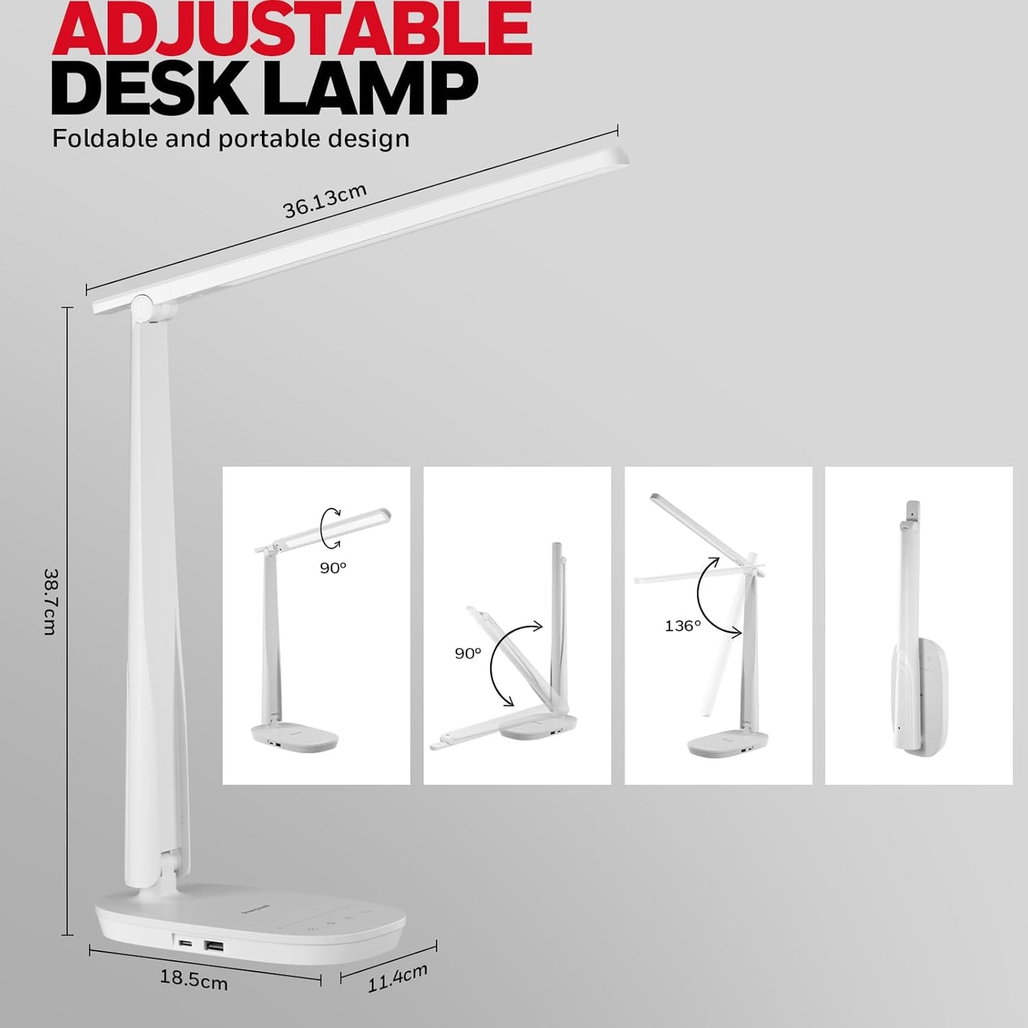 HONEYWELL LED Desk Lamp - HWT-H2 Sunturalux™ Eye-Caring Foldable Desk Light with USB A+C Dual Charging Port 4 Color Modes Dimmable Table Lamp for Home Office Bedroom Reading Study Work - White