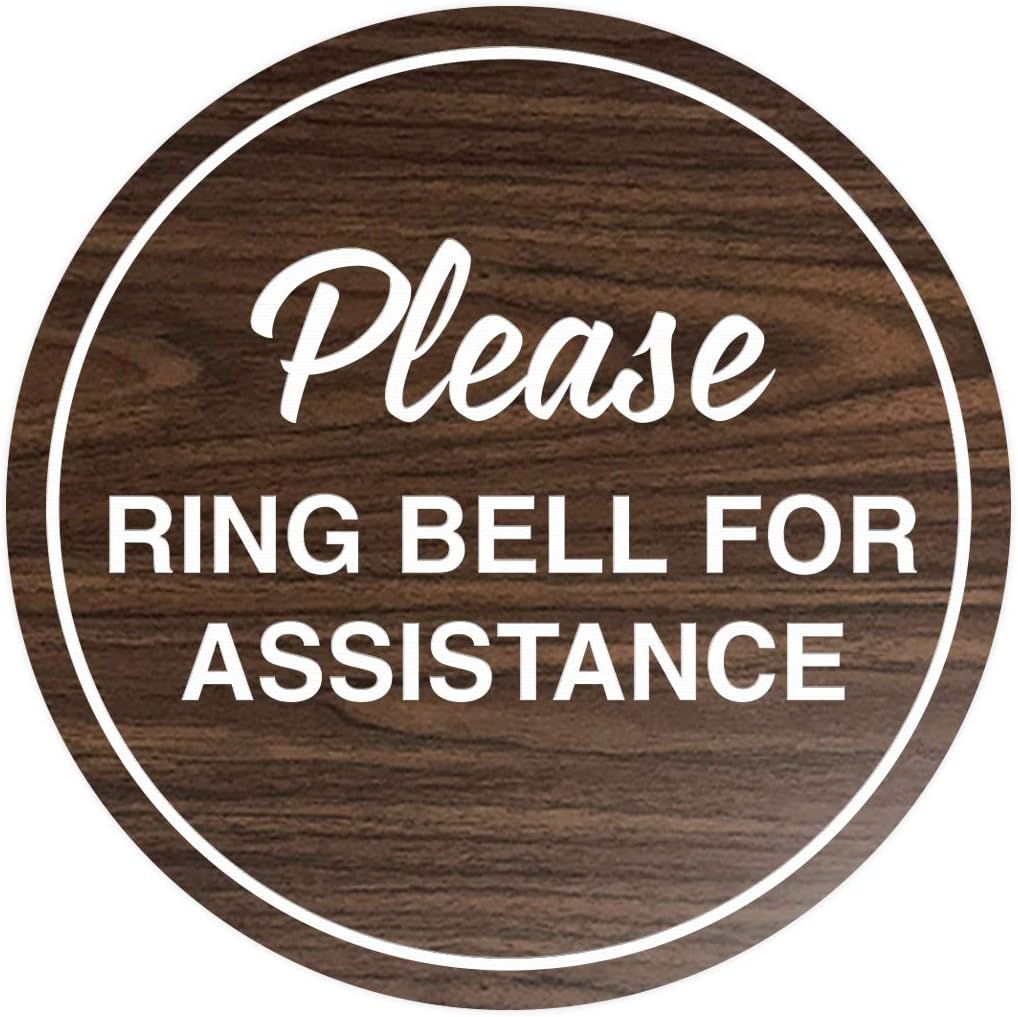 Signs ByLITA Circle Please Ring Bell For Assistance Wall or Door Sign | Easy Installation | Front Desk Reception Sign (Walnut) - Small (2 Pack)