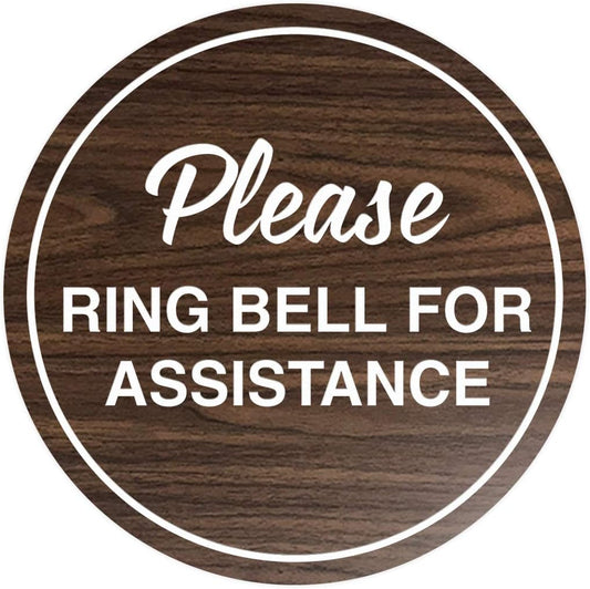 Signs ByLITA Circle Please Ring Bell For Assistance Wall or Door Sign | Easy Installation | Front Desk Reception Sign (Walnut) - Small (2 Pack)