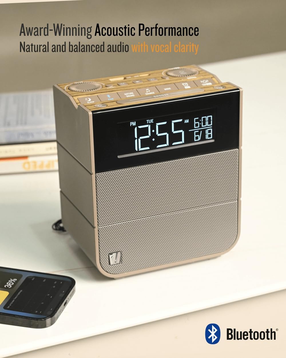 Sound Rise II, SFQ-16: Bedside Alarm Clock Radio & Bluetooth Speaker, with Large Display Screen, FM Radio, Fast USB Charging, and Nature Sound