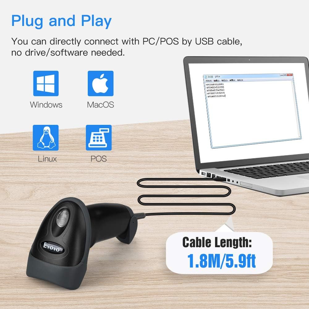 Eyoyo EYH2 Handheld USB 2D Barcode Scanner, Wired Automatic QR Code Scanner PDF417 Data Matrix Bar Code Reader with Long USB Cable for POS Mobile Payment, Convenience Store, Supermarket, Warehouse