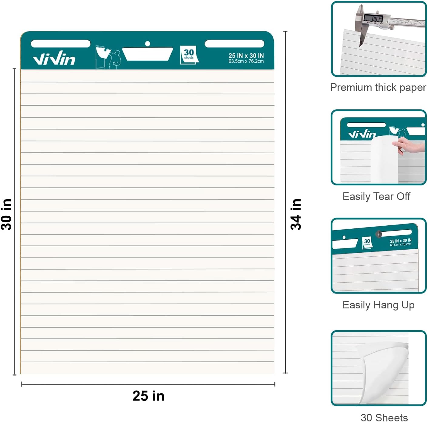 ViVin Lined Sticky Easel Pad, 25 x 30 Inches Flip Chart Paper for Teachers and Students, Large Self Stick Easel Paper, Teacher Anchor Chart, 30 Sheets/Pad, 2 Pads/Pack