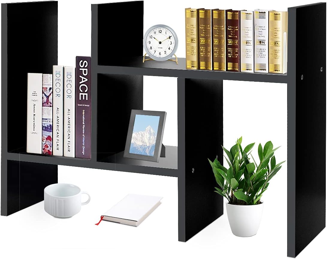 J.M.Deco Desktop Organizers and Storage for Office, Adjustable Desktop Organizer Shelf Double H Display, True Natural Stand Shelf, Black