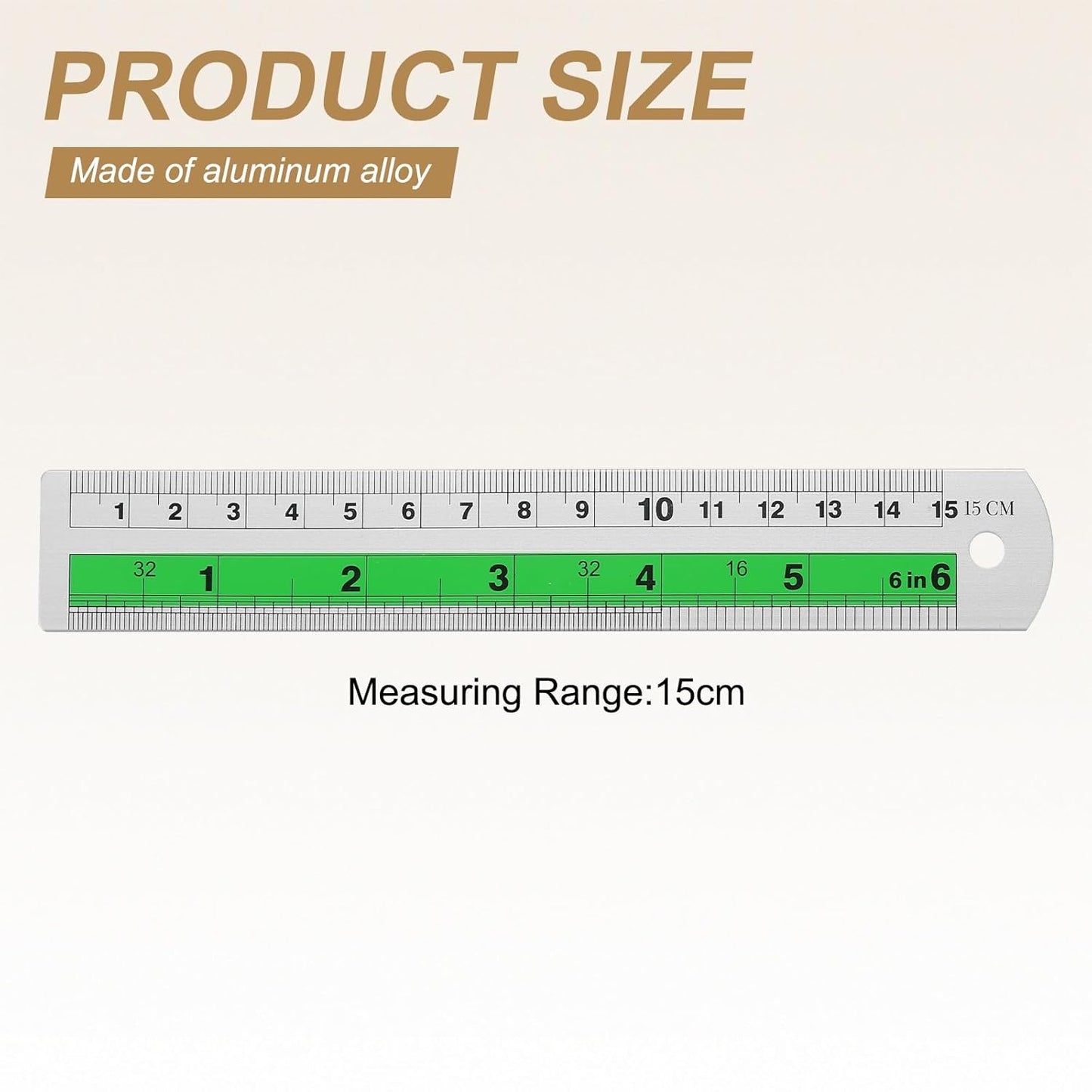 HARFINGTON 2pcs Metal Straight Ruler 15cm Metric SAE Aluminum Alloy Measuring Rulers Scale Tool with Hole for Measure Study Reading Classroom Office, Green