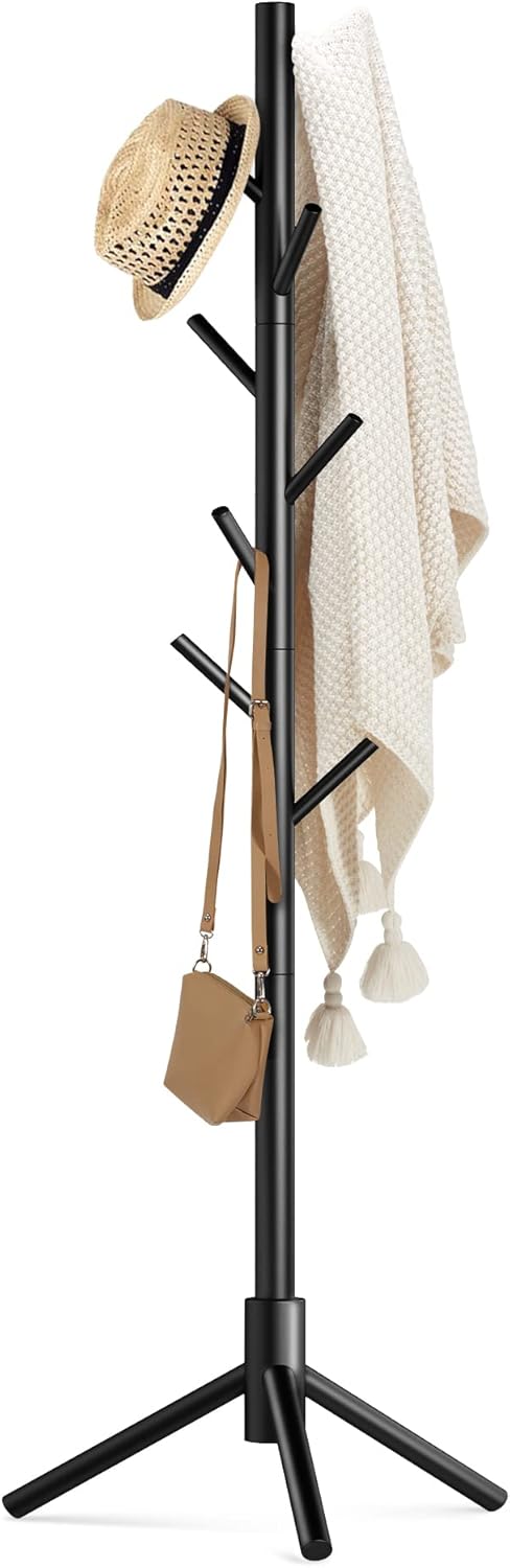 Haddockway Wooden Coat Rack Stand with 8 Hooks New Zealand Pine 3 Adjustable Coat Standing Tree Easy Assembly for Coats, Hats, Scarves and Handbags for Entryway, Hallway, Bedroom, Office