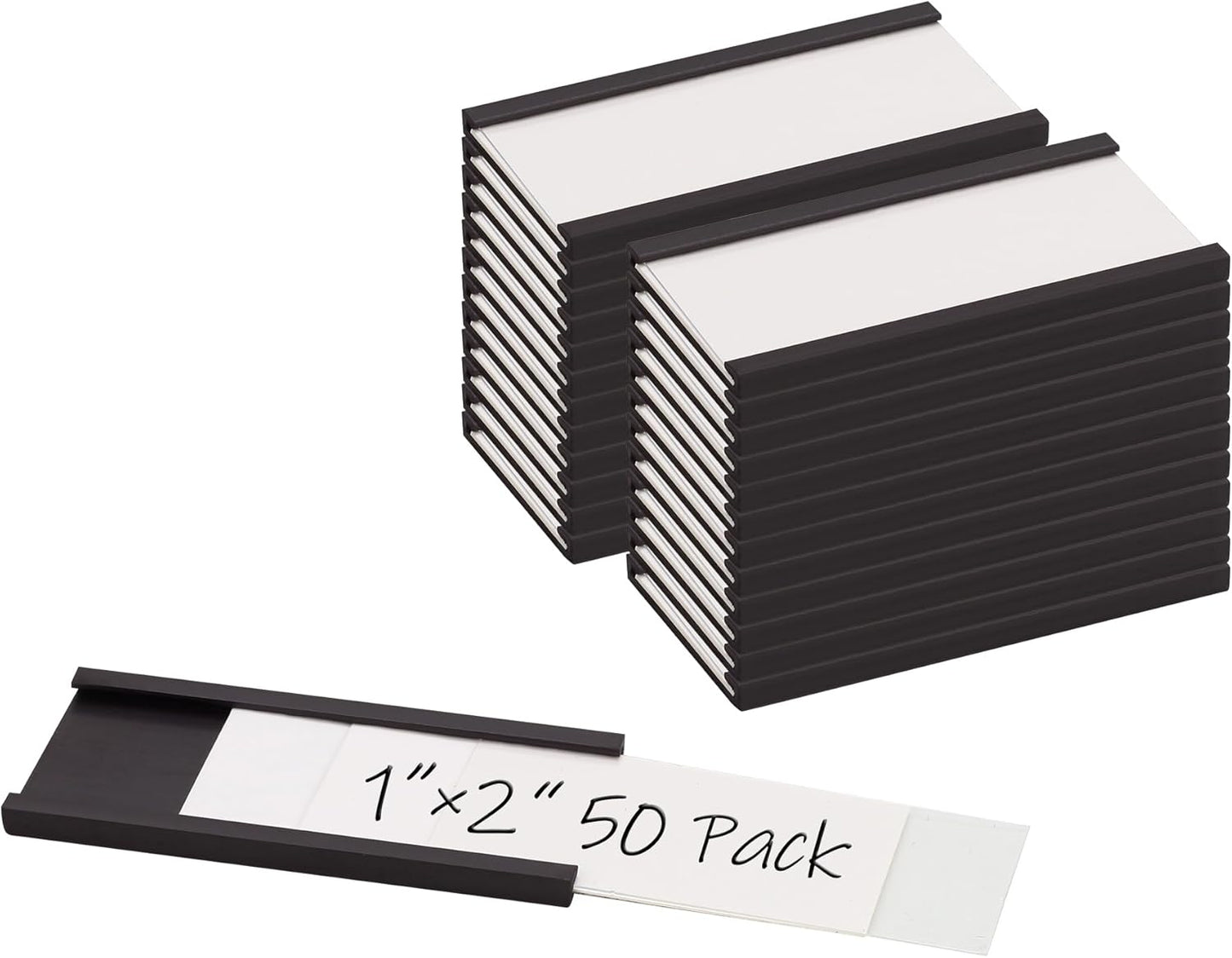 Realth C Channel Magnetic Label Holders 50 Pack 1'' x 2'' with Paper Inserts and Clear Plastic Protectors, Magnetic Data Card Holders File Cabinet Labels for Metal Racks and Shelves