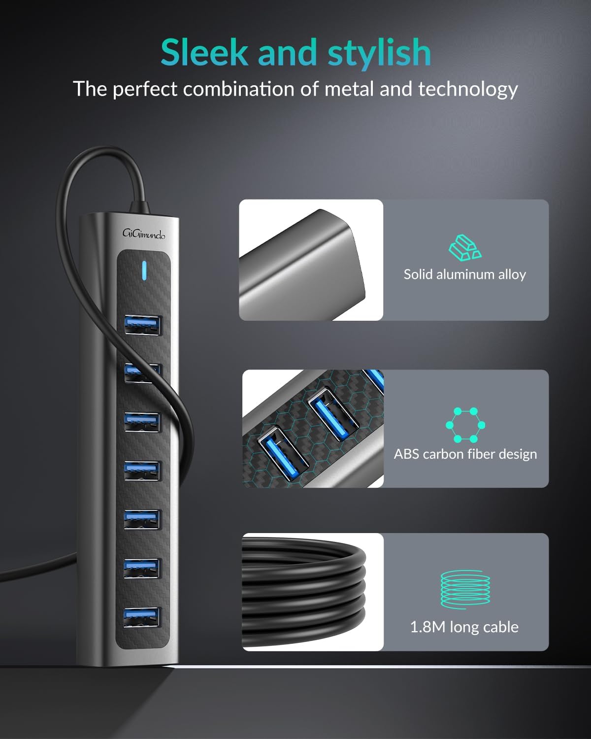 GM7U 7-Port USB 3.0 Hub, 6FT Long Cable, Aluminum, High-Speed, Multi Port Extender Hub, External Expansion Data Hub for PC Laptop, Desktop Computer, Older Mac, Black Grey