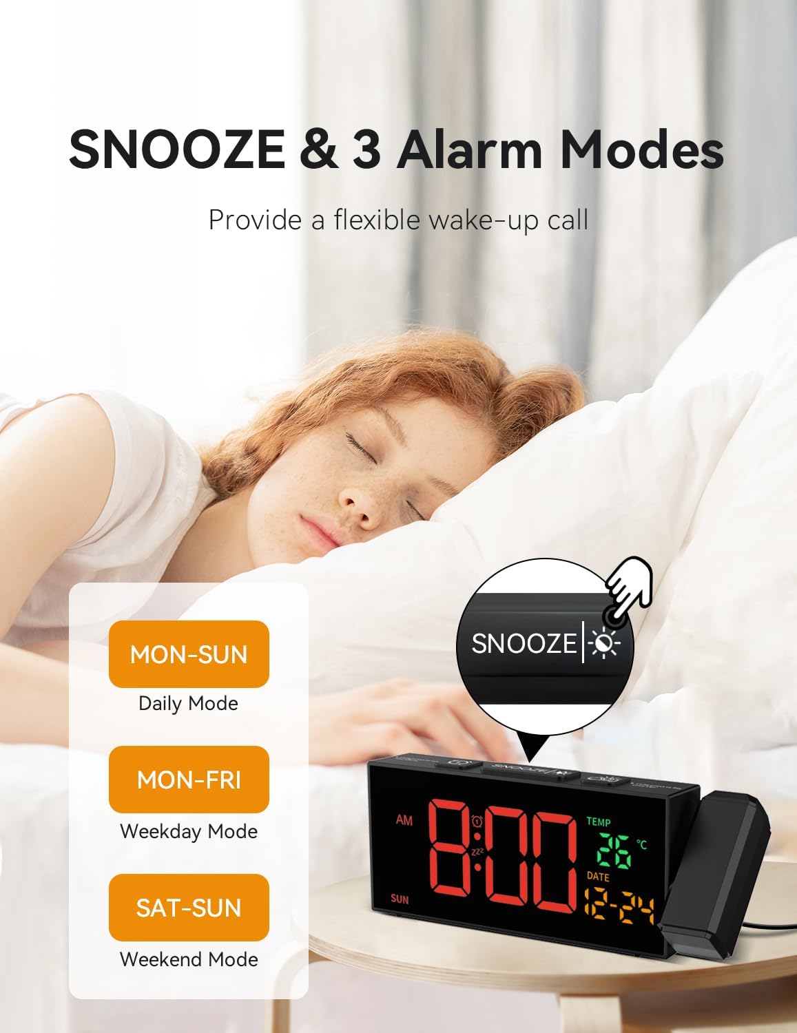 Netzu Projection Clock for Bedroom Ceiling, Alarm Clocks with 180° Rotatable Projector, Date Temperature and Weekday, Manual DST, 5 Brightness, 10 Ringtones, 4 Volumes and Snooze