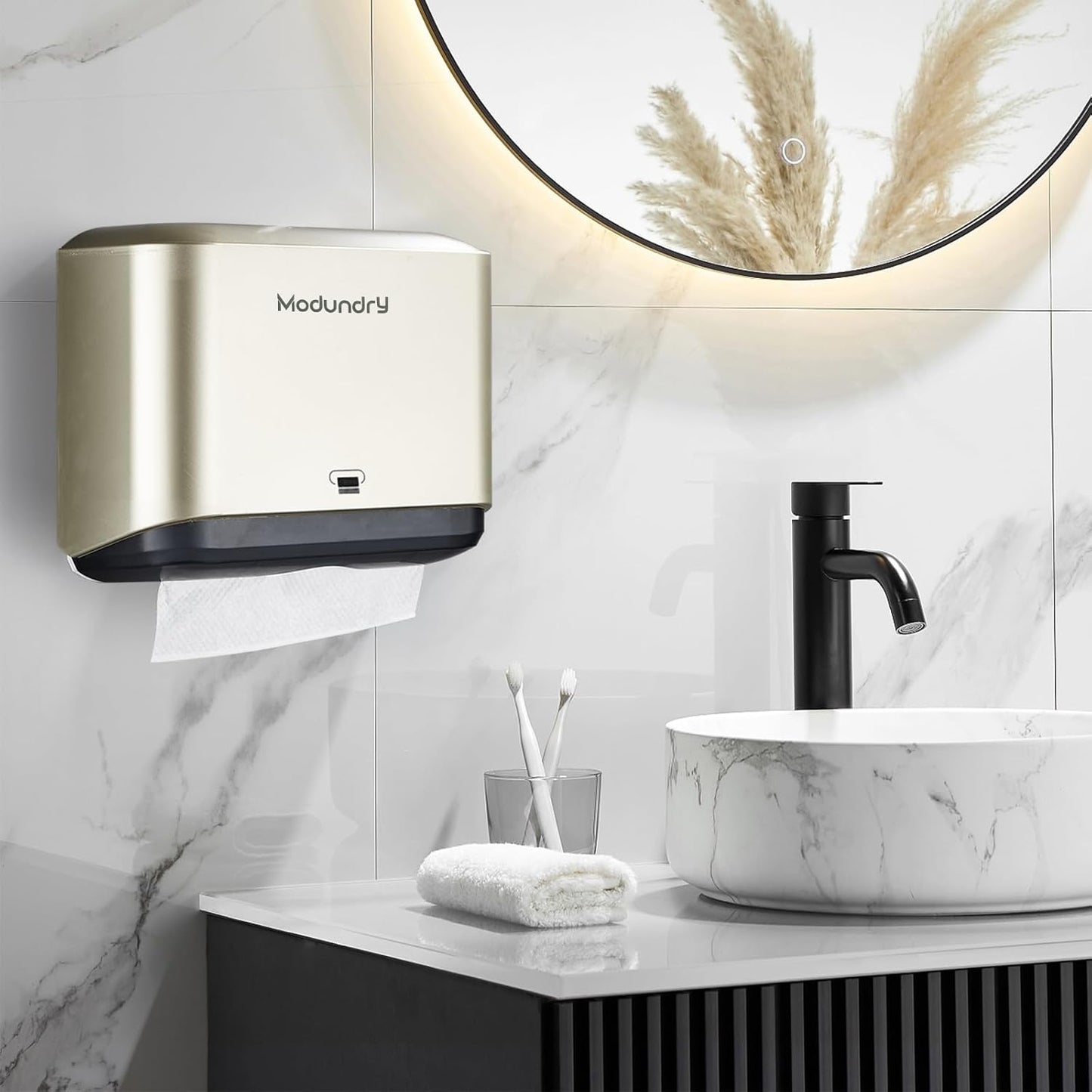 Wall Mount Paper Towel Dispensers - Multifold Tissue Dispenser with Smart Lock, Adhesive No Drilling/Screws Install, Hand Towel Holder for Home Bathroom, Restroom, Office (Gold)