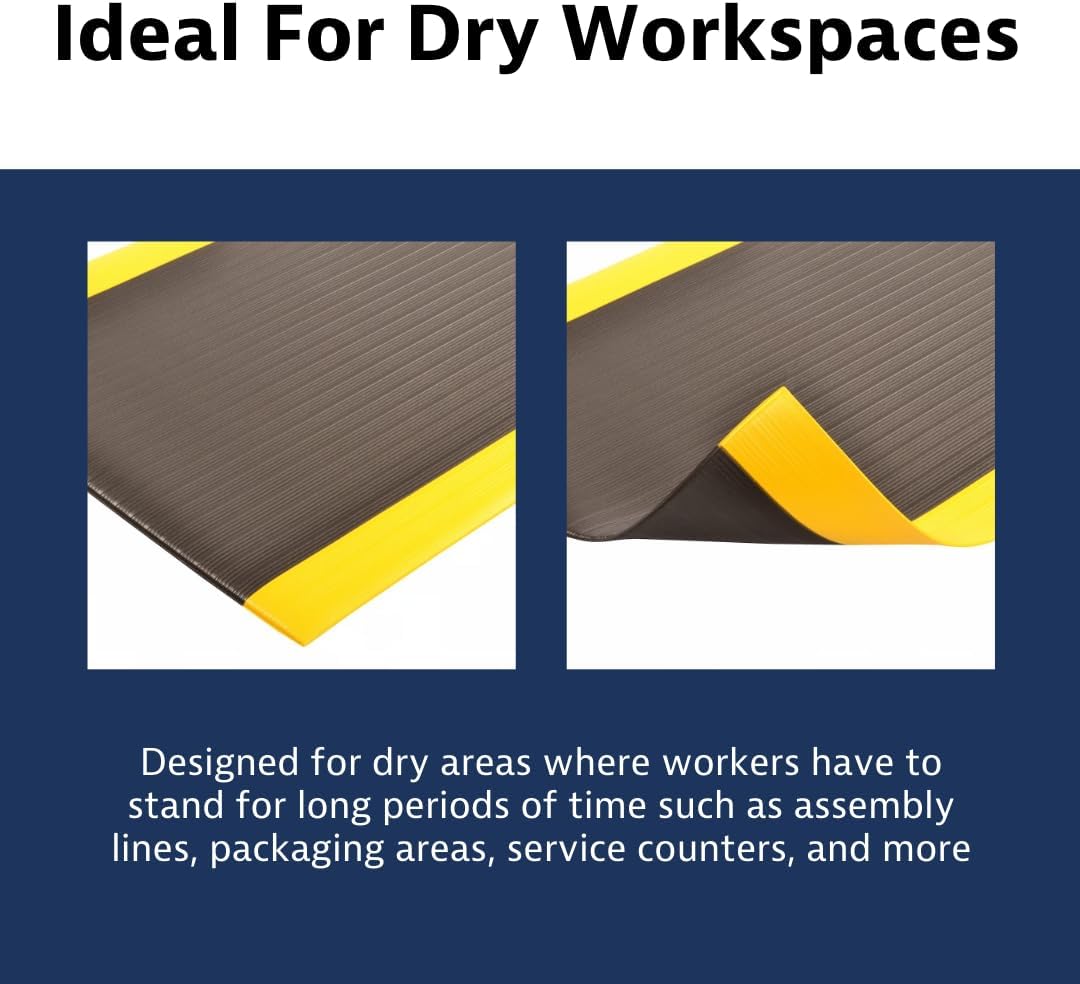 Notrax 410 Airug® 2' x 60' x 3/8" Anti Fatigue Mat, Enhanced Slip Resistance with Beveled Edges and Ribbed Surface, Ideal for Industrial and Commercial Workplaces, Black/Yellow, 410R0324BY