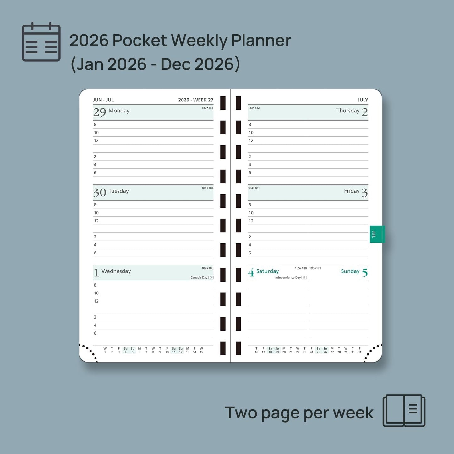 POPRUN 2026 Pocket Planner (Slim Size 3.5" x 6.5") Weekly and Monthly Calendar for Purse, with Hourly Time Slots, 100GSM Thick Paper, Spiral Soft Cover, Pen Holder - Black