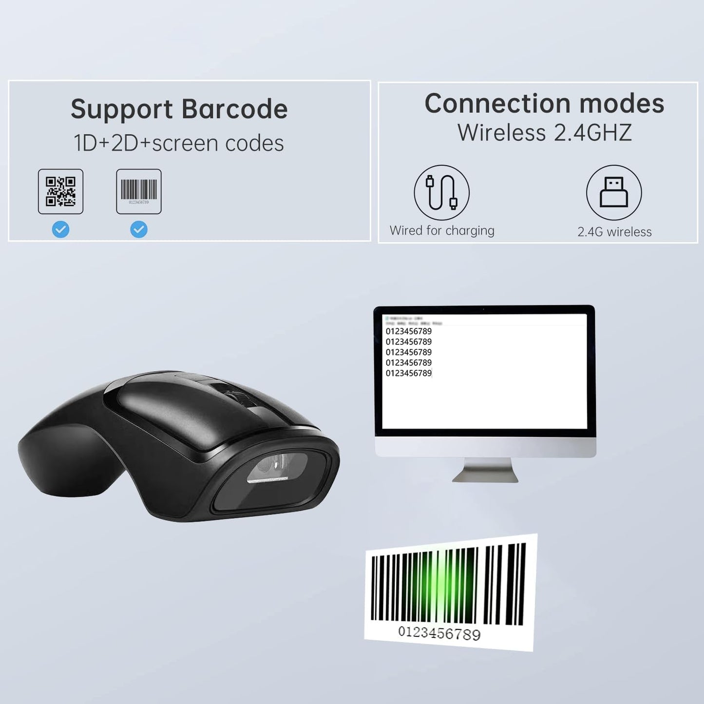 New Wireless Mouse Barcode Scanner, 2-in-1 Design 2D Handheld Barcode Scanner with Wireless Mouse Functions for POS System,Store,Supermarket, Warehouse.(Black)