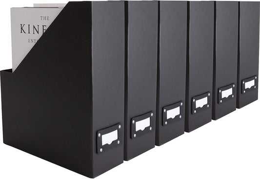 Blu Monaco Foldable Black Magazine File Holder with Leather Label Holder - Set of 6 Cardboard Magazine File Boxes Desk File Organizer