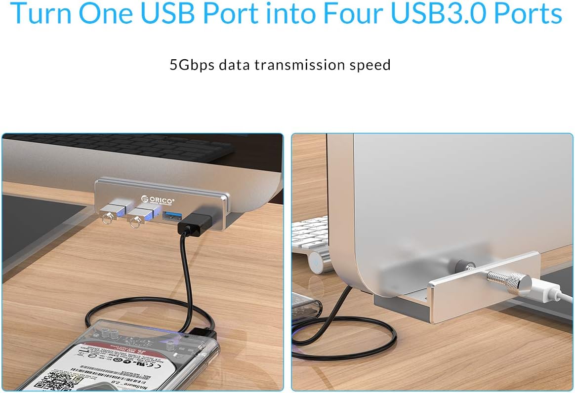ORICO USB 3.0 Hub Clamp Adapter, Aluminum 4-Port USB Splitter with Extra Power Supply Port and 4.92 FT USB Data Cable, Ultra-Portable USB Expander for 2021 iMac/Laptop/PC