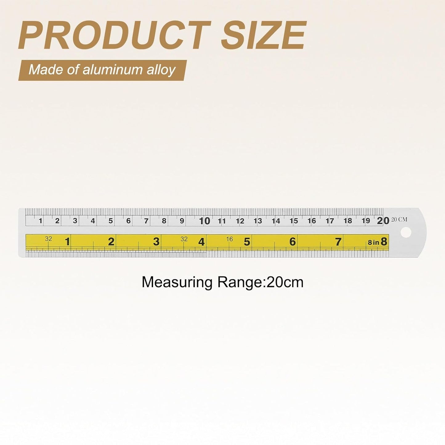 HARFINGTON 6pcs Metal Straight Ruler 20cm Metric SAE Aluminum Alloy Measuring Rulers Scale Tool with Hole for Measure Study Reading Classroom Office, Yellow
