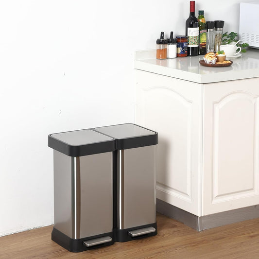 13 Gallon Dual Compartment Trash Can, 2 x 25L Fingerprint Resistant Stainless Steel Kitchen Garbage Can with 2 Soft-Close Lid & Foot Pedal for Kitchen Office Bathroom, Without Inner Bucke