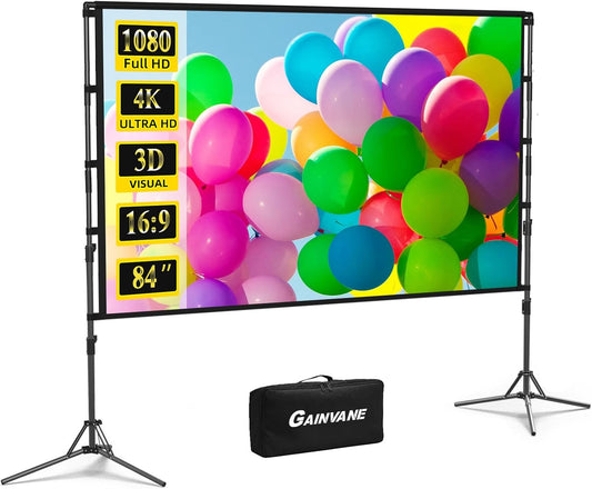 Projector Screen with Stand,84 inch Portable Projection Screen, Indoor Tripod Projector Screen 16:9 4K HD Rear Front Movie Screen with Carry Bag Wrinkle-Free Design for Home Theater Backyard Cinema