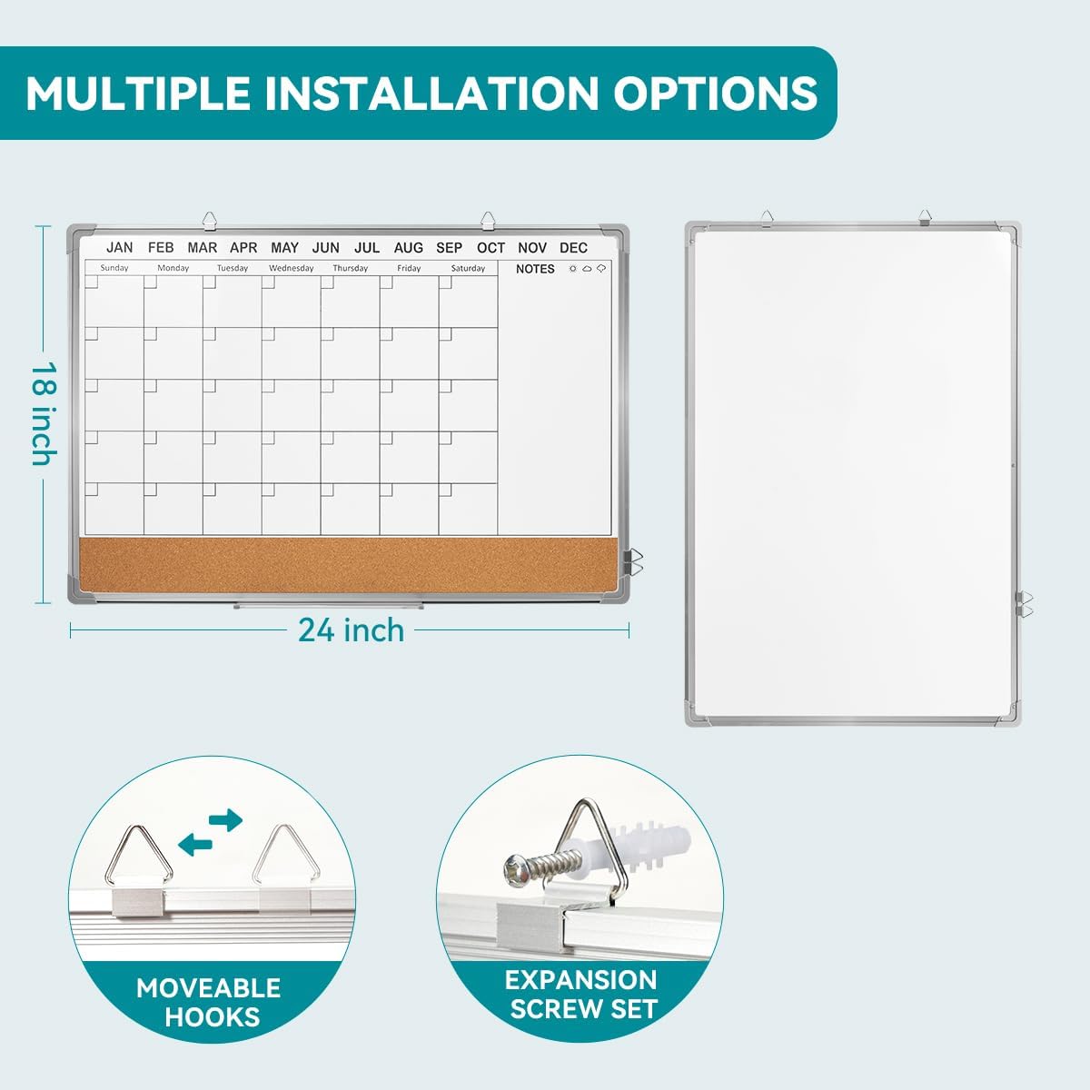 Calendar Whiteboard for Wall,24" x 18" White Board Calendar Dry Erase with Silver Aluminum Frame,Double Side Wall Hanging Board for Office,Home,Kitchen