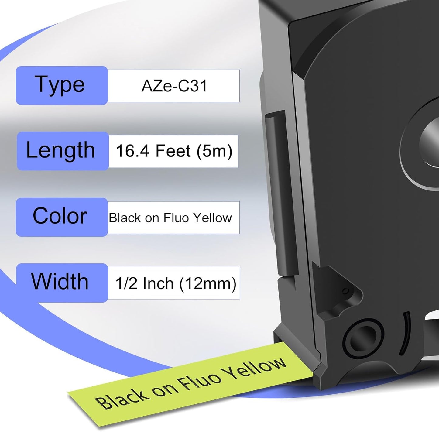 Label Tape Refills Compatible for Ptouch TZe-C31 TZ C31 Laminated Black on Yellow Fluorescent 1/2" 12mm for PTD200, D210 D400 D600 PTH100 H110 PTP300BT PTP700 PTP710BT, 2 Pack