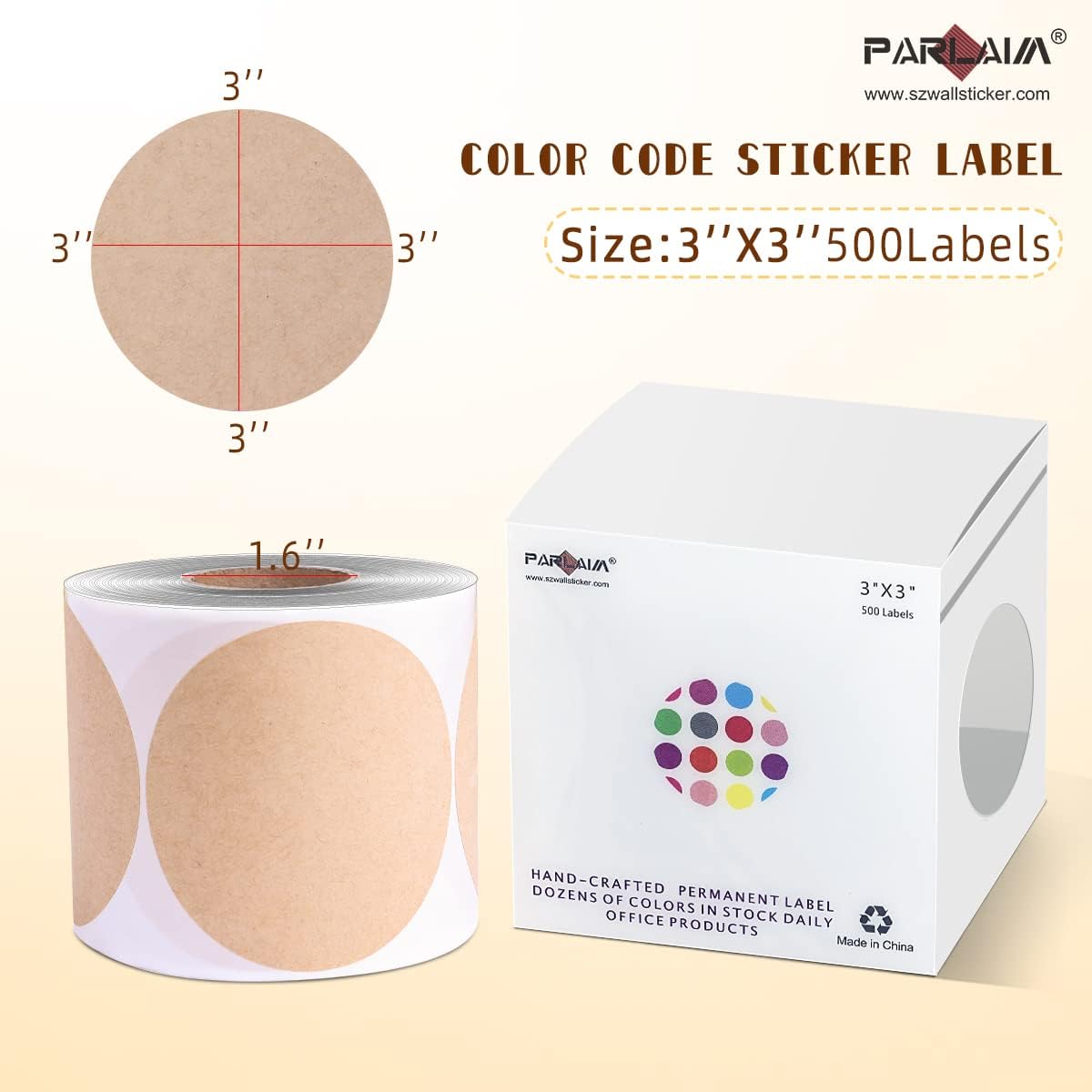 PARLAIM 3 X 3 inch Color Code Dot Stickers, 500pcs 3" Natural Brown Kraft Paper Round Color Coding Circle Labels per Roll in Dispenser Box for Inventory Storage Box