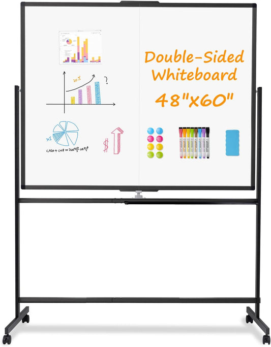 WALGLASS Rolling Whiteboard on Wheels, 60"x48" Double-Sided Dry Erase White Board with Stand, Large Magnetic Whiteboard, Big Portable Standing Black Boards for Office, School, Home, Classroom 5x4 ft