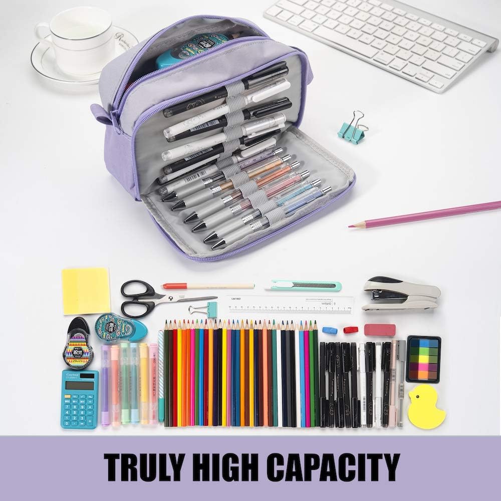 Sooez High Capacity Pencil Case, Big Pencil Bag Pouch Box Organizer Pen Case, Portable Journaling Supplies with Easy Grip Handle & Loop, Asthetic Supply for Girls Adults, Purple