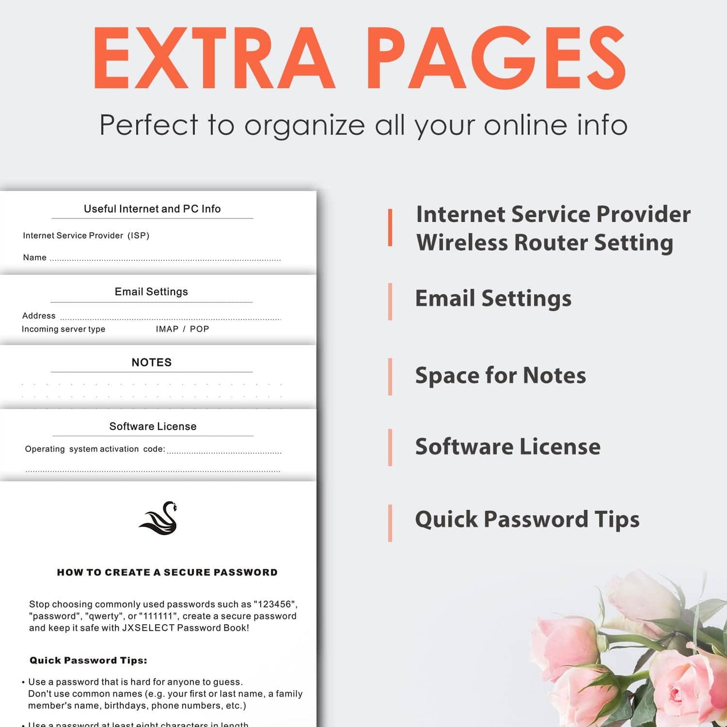 Elegant Password Book with Alphabetical Tabs - Hardcover Password Book for Internet Website Address Login - 7" x 10" Password Keeper and Organizer w/Notes Section & Back Pocket (Orange)