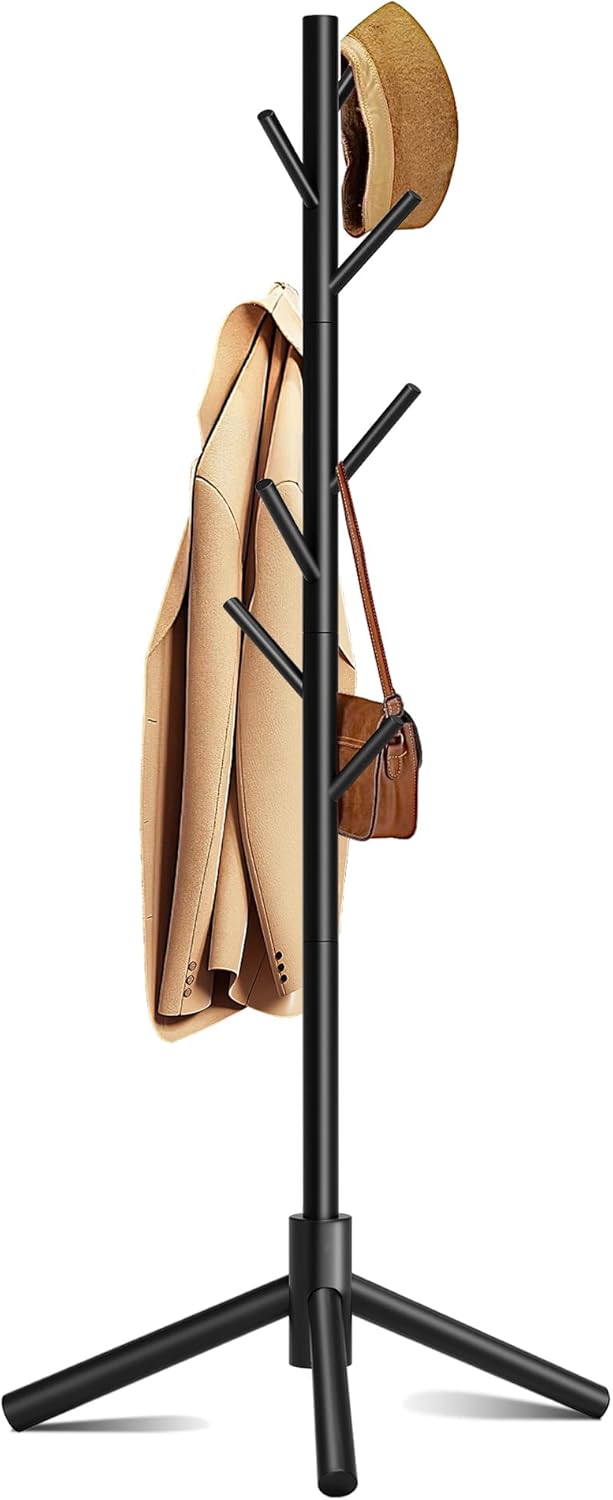 Wooden Coat Rack, Free Standing Coat Rack with 8 Hooks 3 Adjustable Heights for Clothes, Hats, Handbags, Coat Tree Easy Assembly for Entryway, Bedroom, Hallway, Office (New Black)