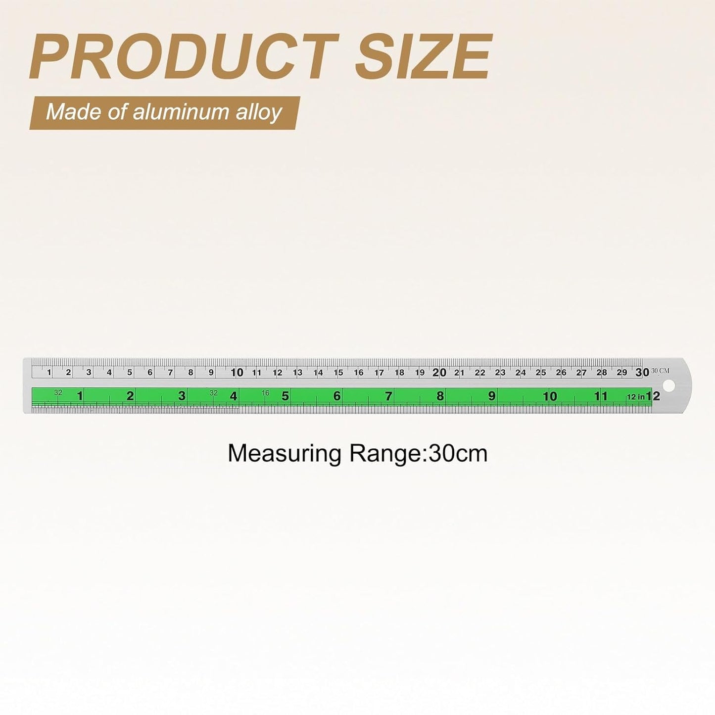 HARFINGTON 4pcs Metal Straight Ruler 30cm Metric SAE Aluminum Alloy Measuring Rulers Scale Tool with Hole for Measure Study Reading Classroom Office, Green