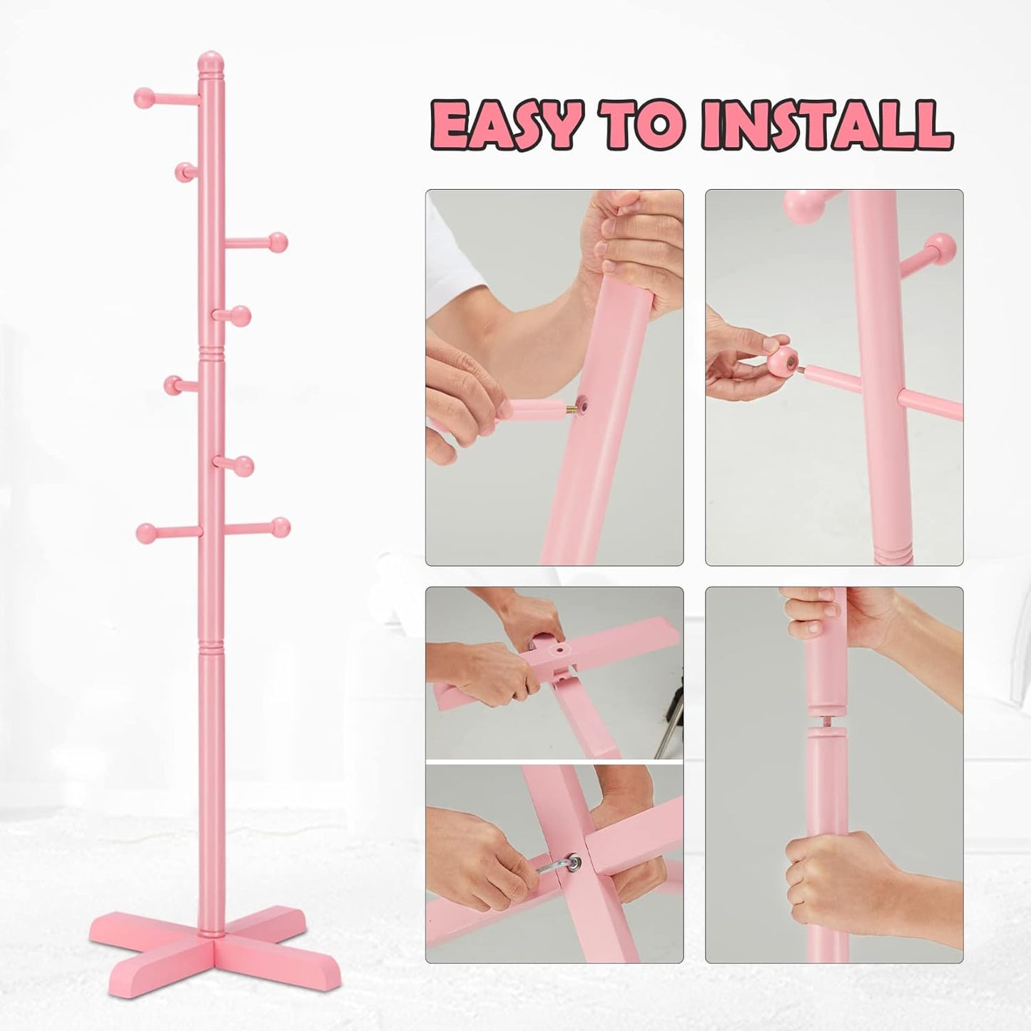 Kids Coat Rack, Freestanding Coat Racks with 8 Hooks 2 Adjustable Height, Tree Coat Rack for Bedroom, Hallway, Entrance, Office, Hats, Handbags,Purse (Pink)