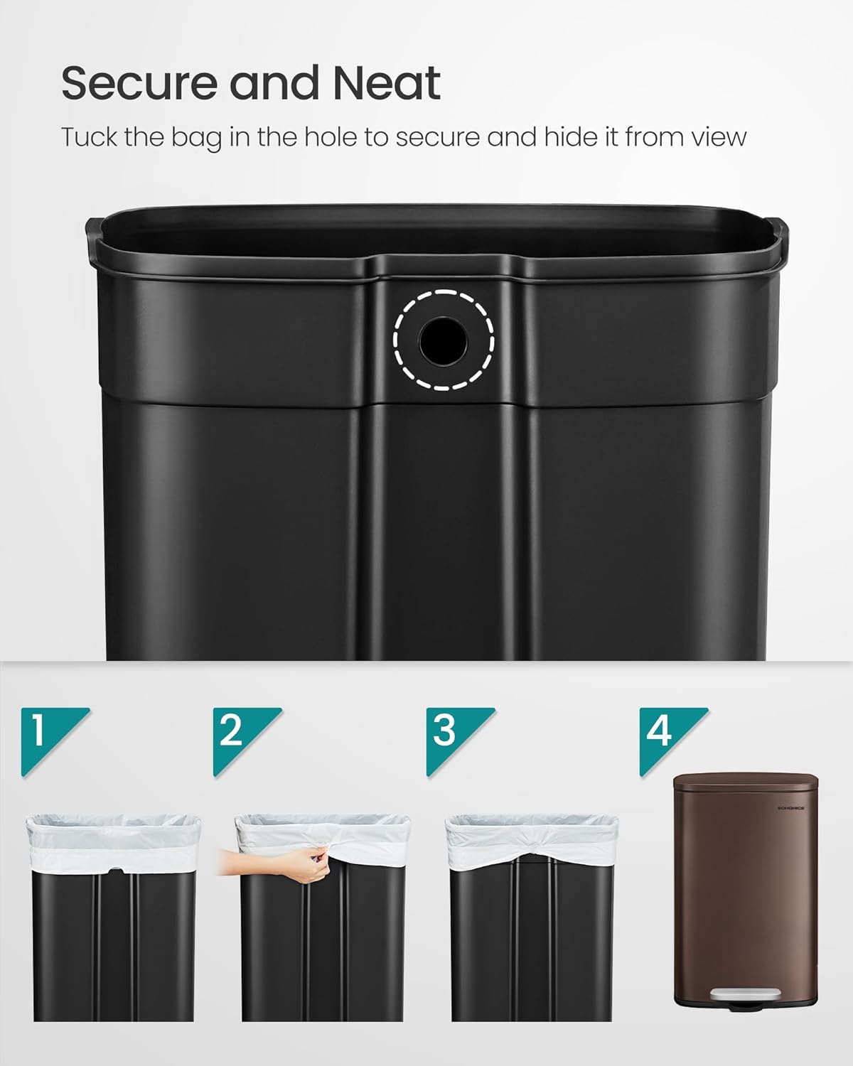 SONGMICS 13 Gallon (50 L) Trash Can, Stainless Steel Kitchen Garbage Can, Recycling or Waste Bin, Soft Close, Step-On Pedal, Removable Inner Bucket, Brown ULTB50BR