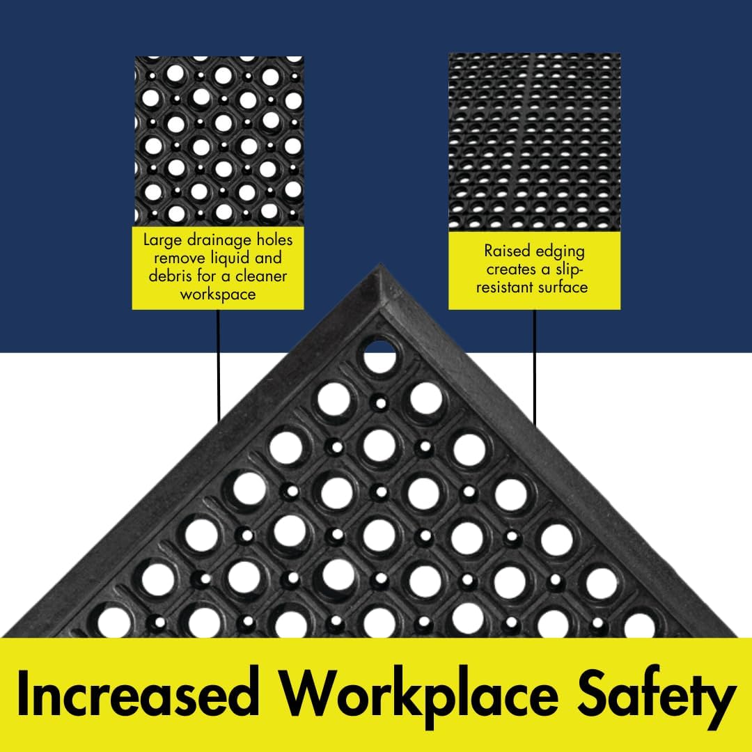 NoTrax 3' x 3' Anti-Fatigue Lightweight Restaurant Rubber Floor Mat with Drainage Holes, Beveled Edges, Non-Slip Mats, Black, T30 Competitor, T30S0033BL