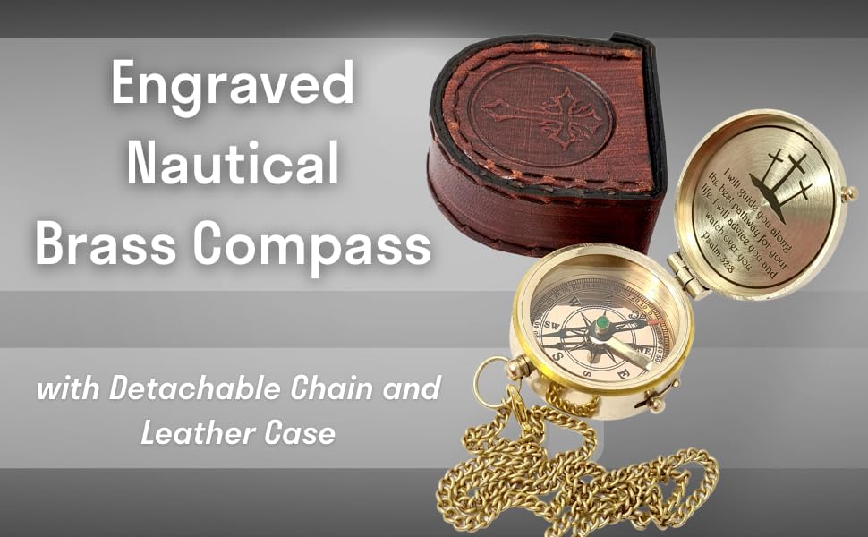 Brass Compass Engraved with Religious Scripture Verse - Ideal Gift for Son, Grandson, Daughter - Perfect for Baptism, Communion, Church and Graduation Day Present