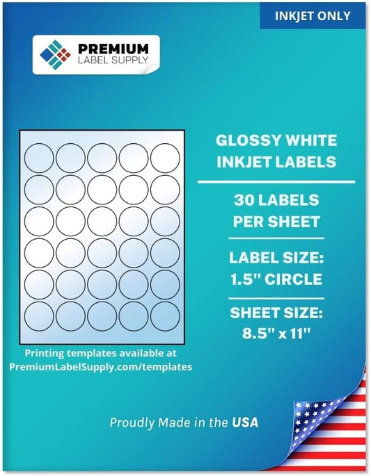 Premium Label Supply Glossy White Sticker Round Labels – 1.5" Circle – (30 per Sheet) (Glossy White for Inkjet Only, 300 Labels)