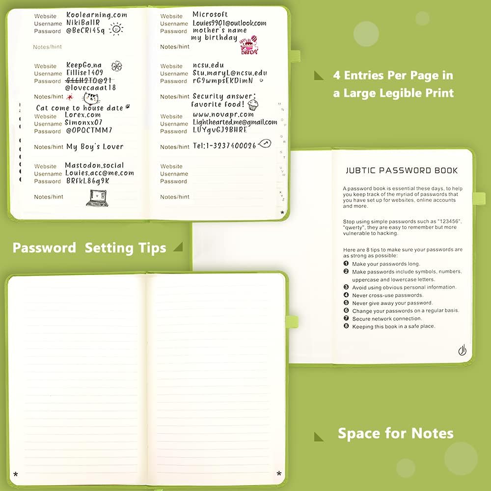 JUBTIC Password Book with Alphabetical Tabs Medium Size Password Keeper Logbook for Internet Log in Website Address Detail. Hardcover Password Notebook Journal & Organizer for Home Office, Green