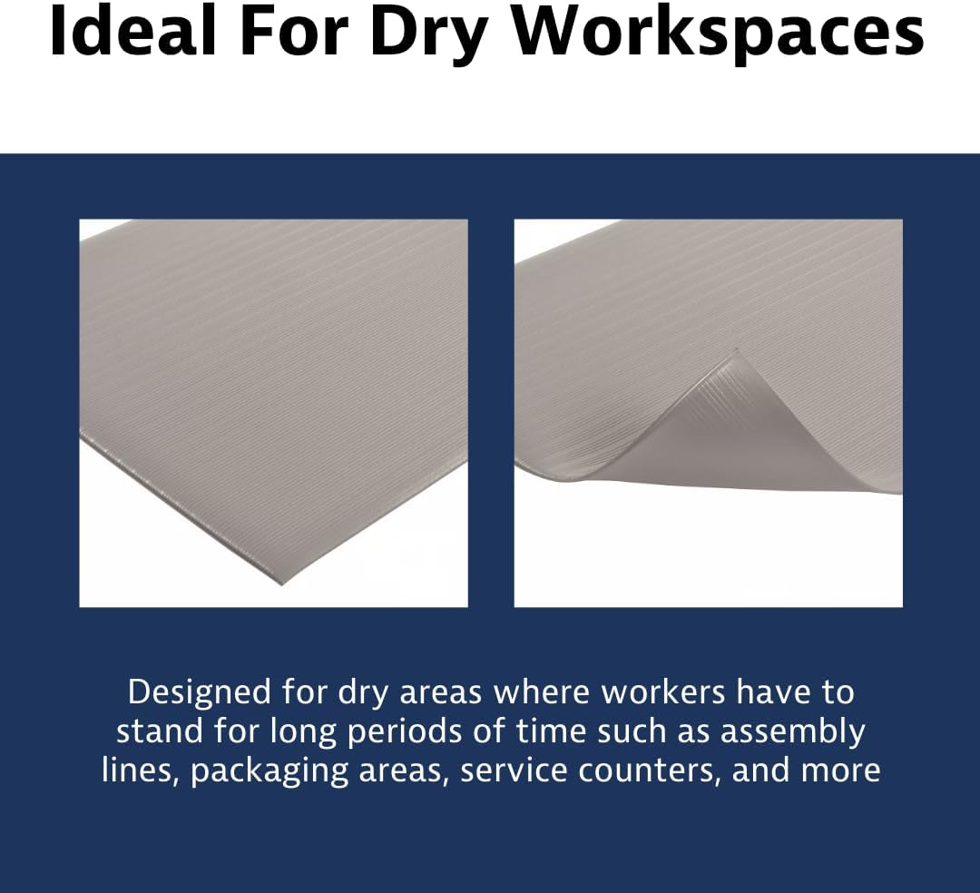 Notrax 410 Airug® 2' x 60' x 3/8" Anti Fatigue Mat, Enhanced Slip Resistance with Beveled Edges and Ribbed Surface, Ideal for Industrial and Commercial Workplaces, Gray, 410R0324GY