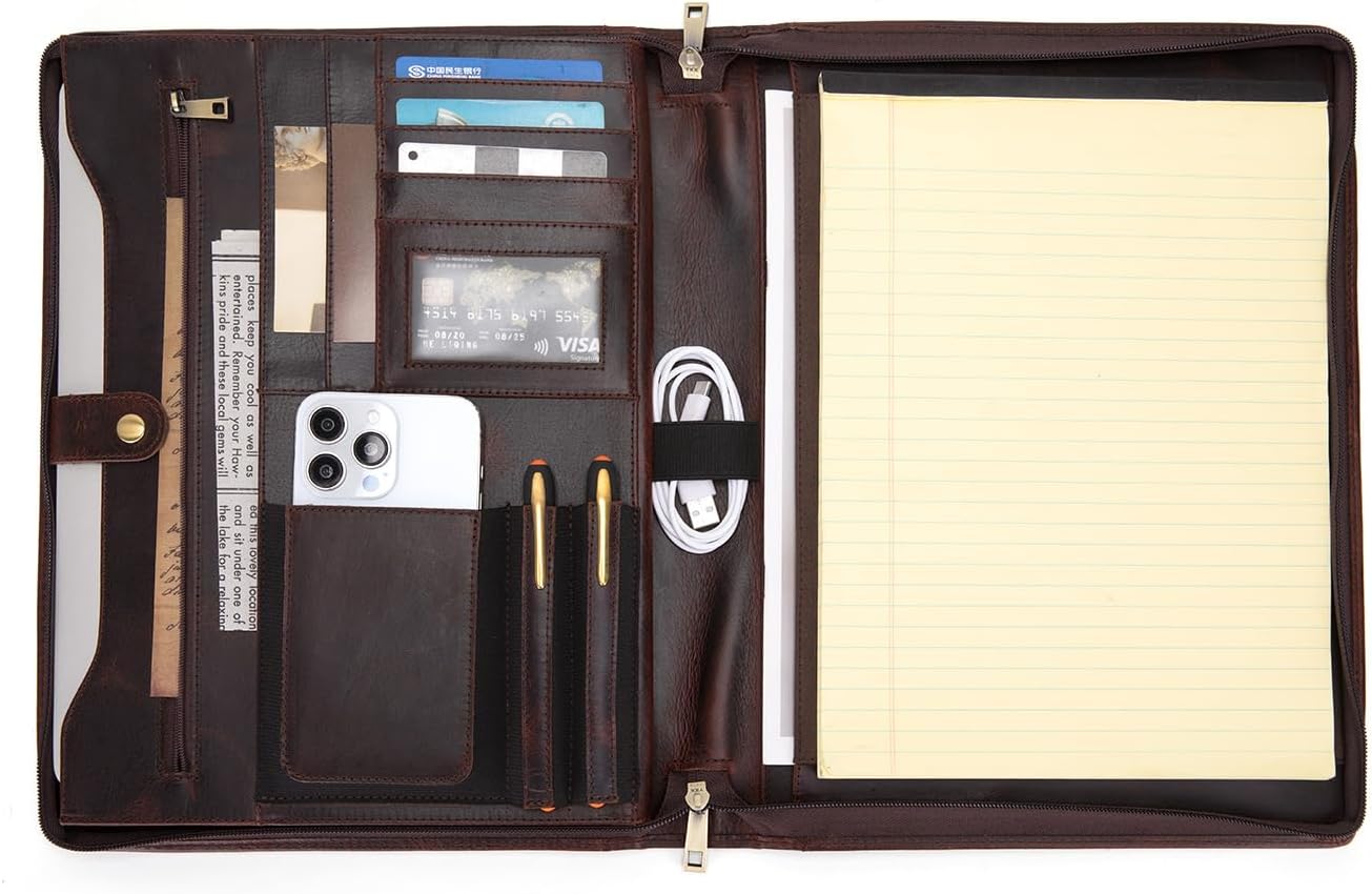Genuine Leather Portfolio for Women and Men, 8.5 x 11 Legal Pad Padfolio, Zippered Notebook Organizer for 13” Laptop, Business Executive Professional Folio for Work, Dark Brown, Oil Tanned