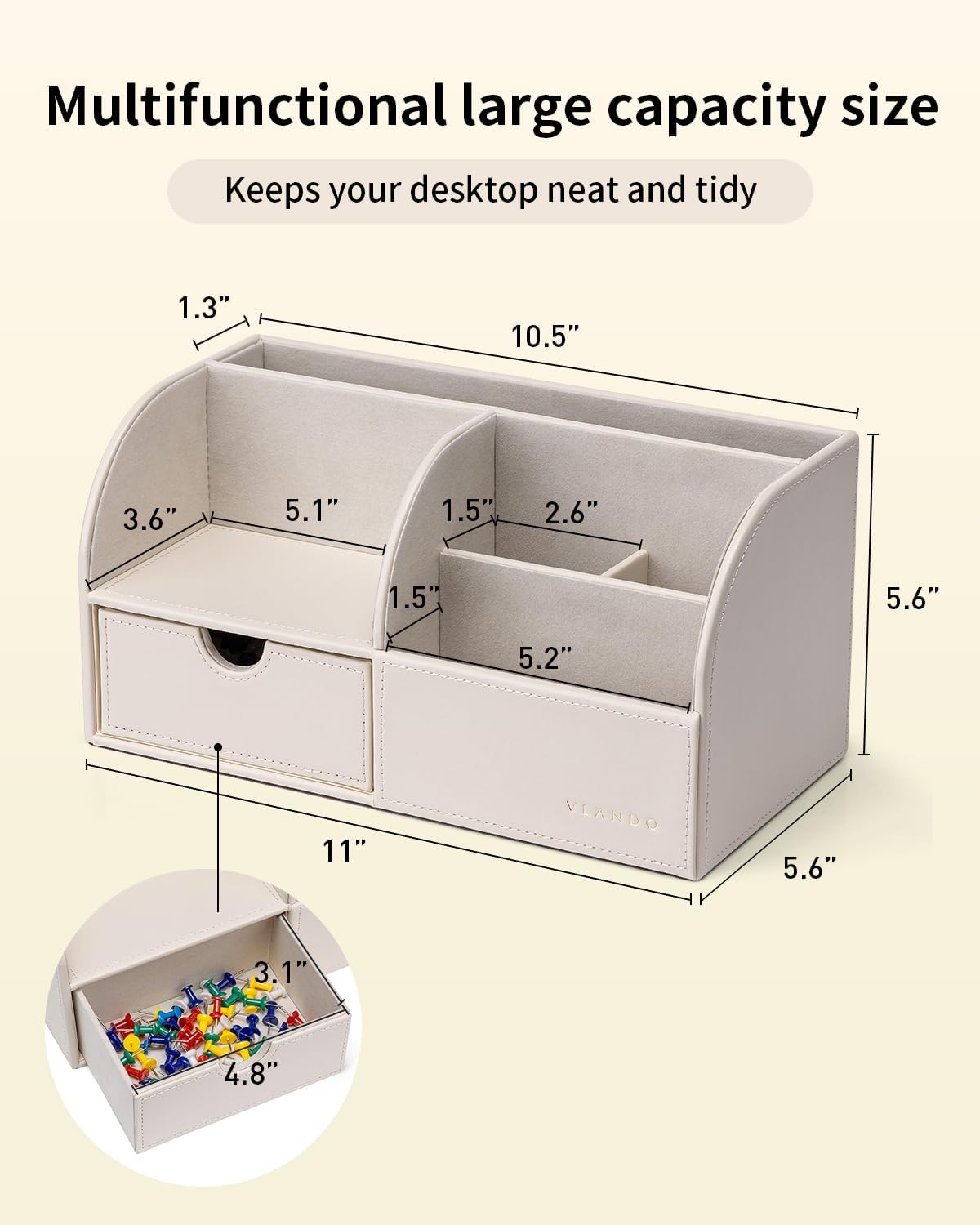 Vlando Office Supplies Desk Organizer Caddy, PU Leather Office Organization and Storage,Desktop Hanging File Letter Document Storage Holder with Drawer Beige