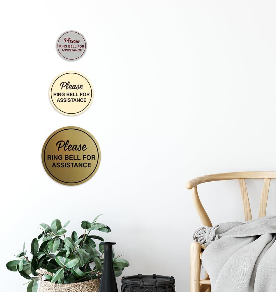 Signs ByLITA Circle Please Ring Bell For Assistance Wall or Door Sign | Easy Installation | Front Desk Reception Sign (Brushed Silver) - Large (5 Pack)