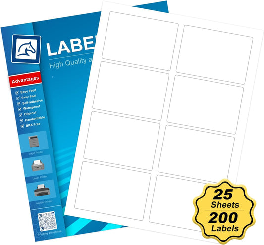 Name Tag Stickers 2 1/3" x 3 3/8", White Blank Mailing Labels, Inkjet and Laser Printer Guaranteed, 8 Labels Per Sheet, 25 Sheets - 200 Label （HB-R108）