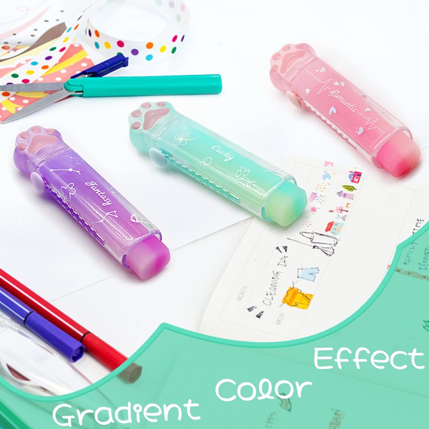 Benvo 4Pcs Sliding Retractable Pencil Erasers with Cat Paw Plastic Sleeve Cute Jelly Erasers for School Office Clean Erase Rubber(Gradient Color)