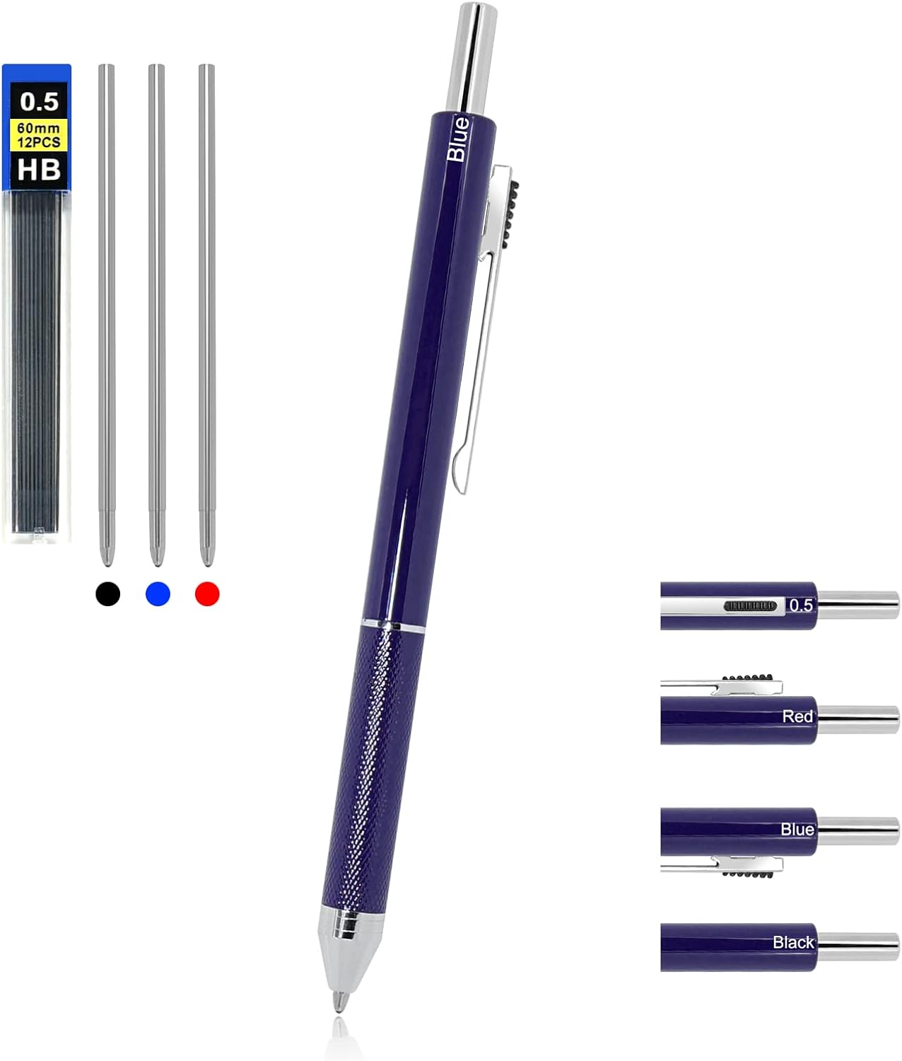 YOUMI 멀티컬러 펜 4 in 1 다기능 펜, 금속 케이스 0.5mm 샤프 레드 볼펜, 블루 볼펜 및 블랙 볼펜, 저널링용 선물 (블루)