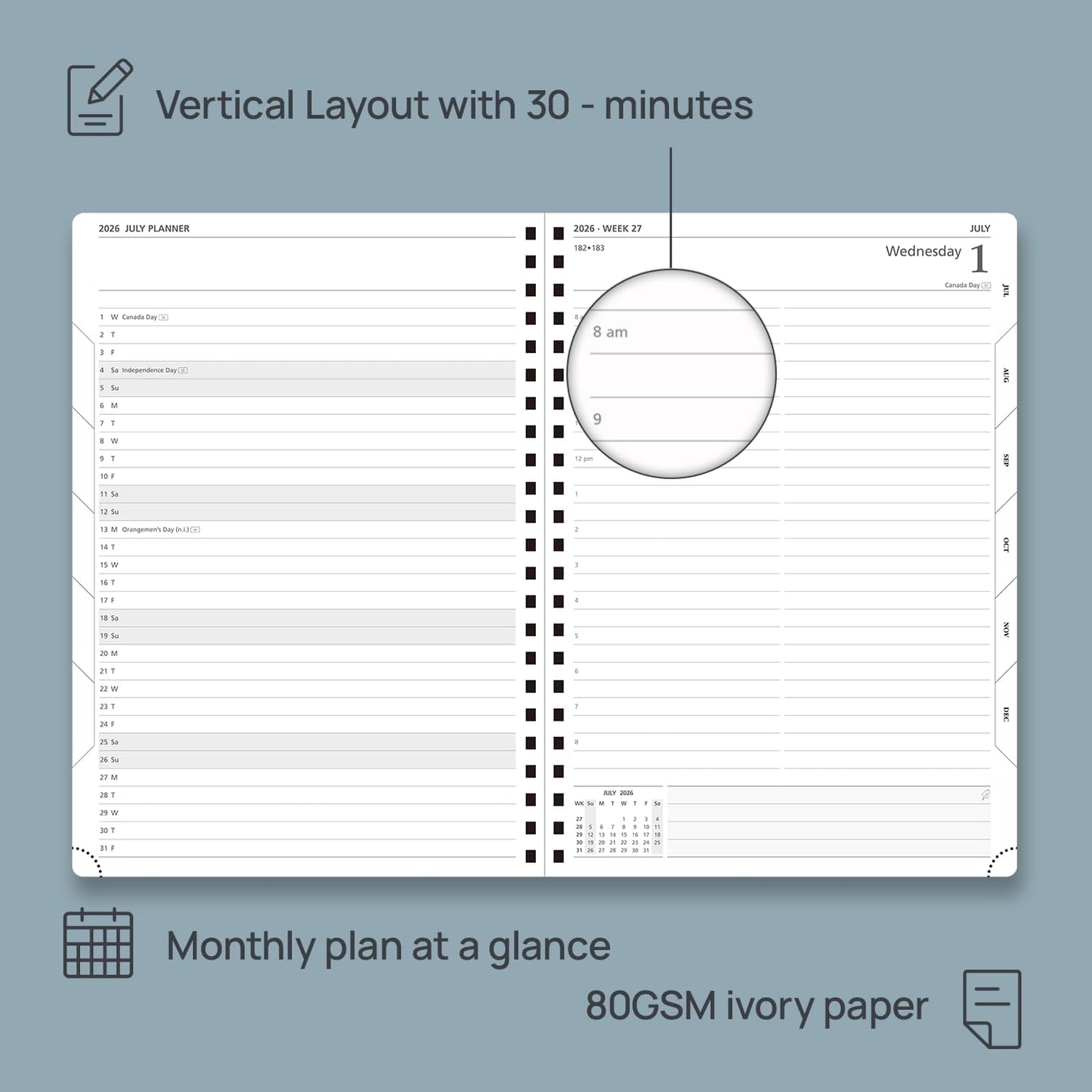 POPRUN 2026 Daily Planner One Page A Day - [A4 Large Size 8.25" x 12" -Spiral Hard Cover], Agenda 2026 Hourly Appointment Book with Monthly Calendar, Pen Holder, Ivory Paper -Burgundy