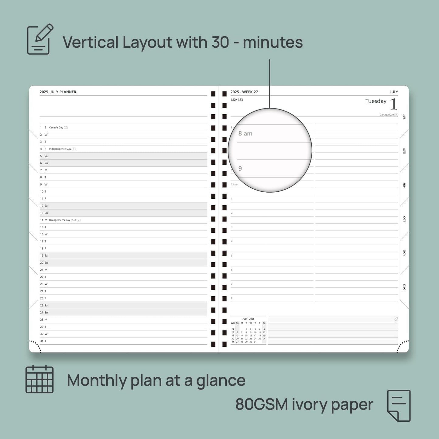 POPRUN Academic Daily Planner 2025-2026 One Page A Day - [A4 Large Size 8.25" x 12" - Spiral Hard Cover], Appointment Book (July 2025 - June 2026) with Monthly Calendar - Midnight Green
