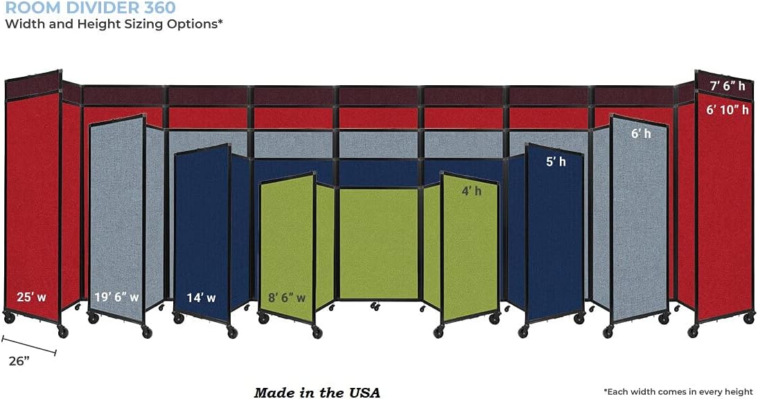Versare Room Divider 360 Portable Wall Partition | Folding Panels | Large Freestanding Divider | Locking Wheels | Temporary Room Separator | 25' x 7'6'', Red