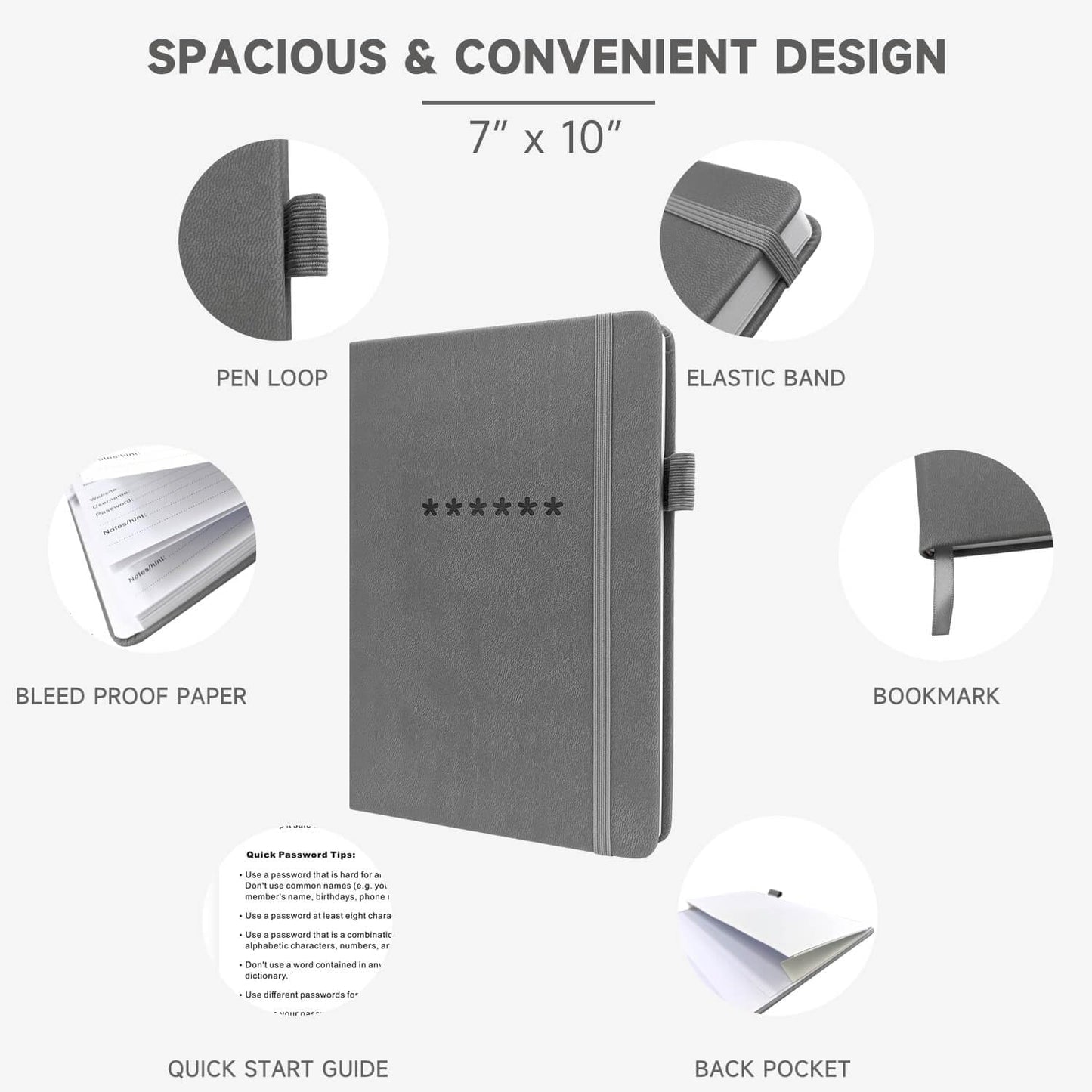 Password Book with Alphabetical Tabs – Hardcover Internet Address & Password Organizer – Password Keeper Notebook for Computer & Website – 7 x 10" Log-in Password Journal w/Thick Paper (Grey)