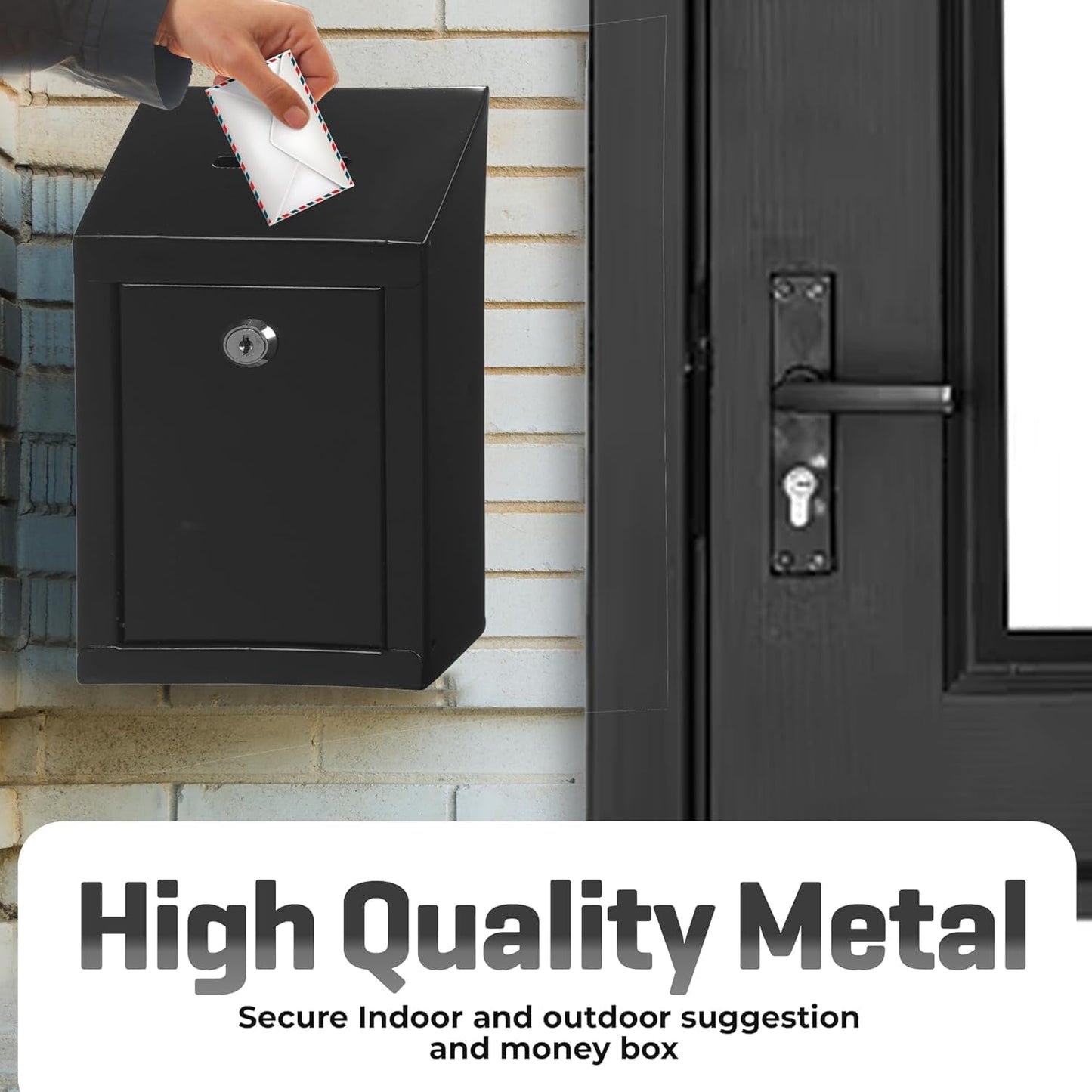Metal Donation Box-Suggestion Box with Slot and lock-Cash Lock box for Money-Waterproof Drop Box-Comment and ballot voting box-comes with pre-drilled holes for easy wall mounting 10x6x2.5"(Black)