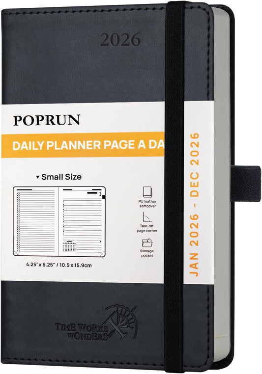 POPRUN Daily Planner 2026 (Jan - Dec), (Purse Size-4.25" x 6.25") 2026 Daily Calendar with One Page Per Day Even Weekends, Hourly Appointment Book with Pocket, PU Leather Softcover - Black