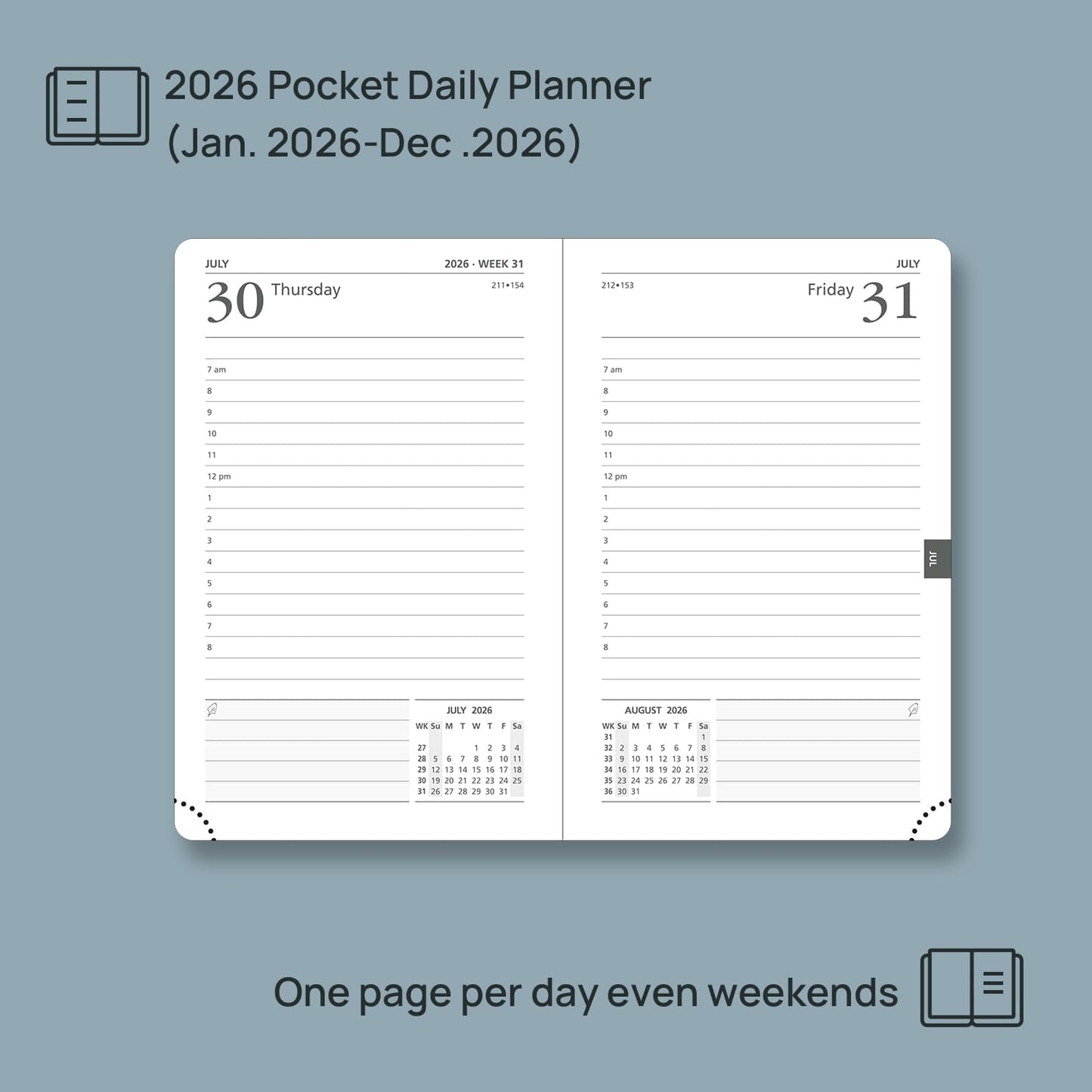 POPRUN Daily Planner 2026 (Jan - Dec), (Purse Size-4.25" x 6.25") 2026 Daily Calendar with One Page Per Day Even Weekends, Hourly Appointment Book with Pocket, PU Leather Softcover - Black